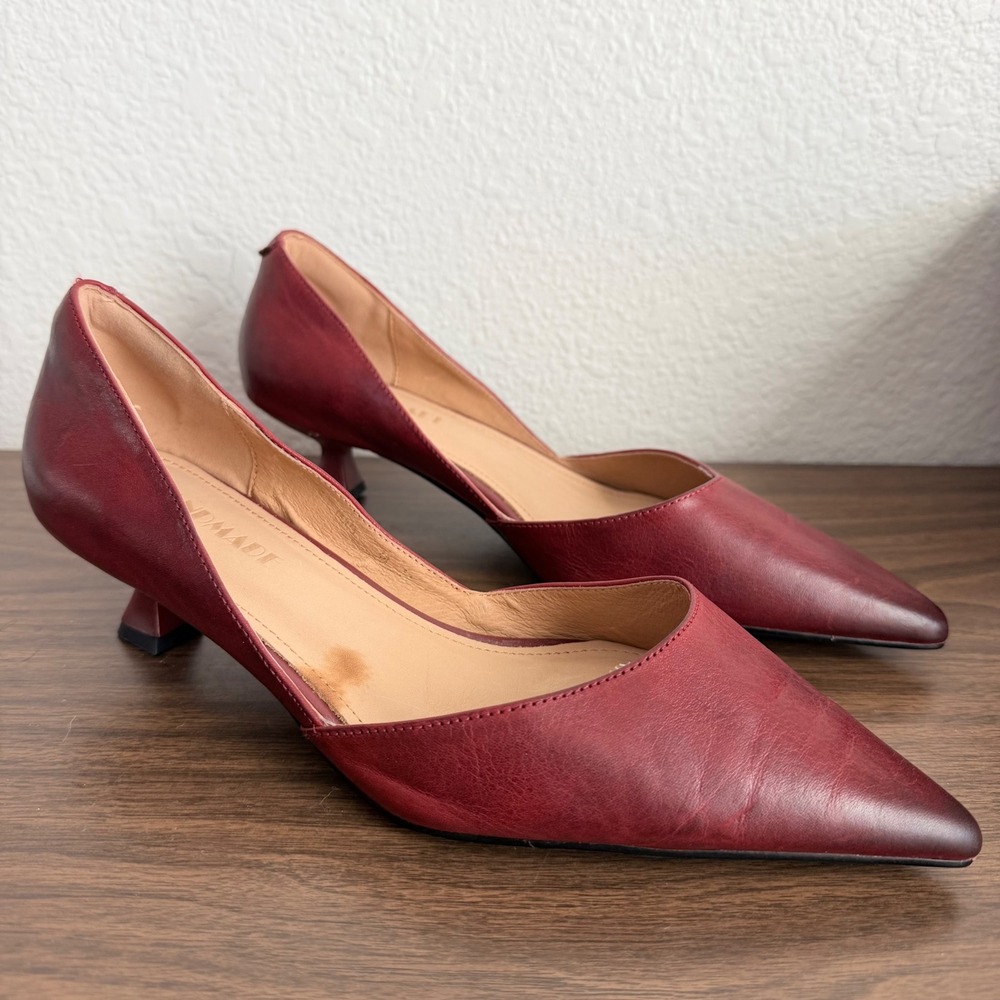 Handmade Burgundy Red Leather Pointed Toe Flared Kitten Heels Size 38